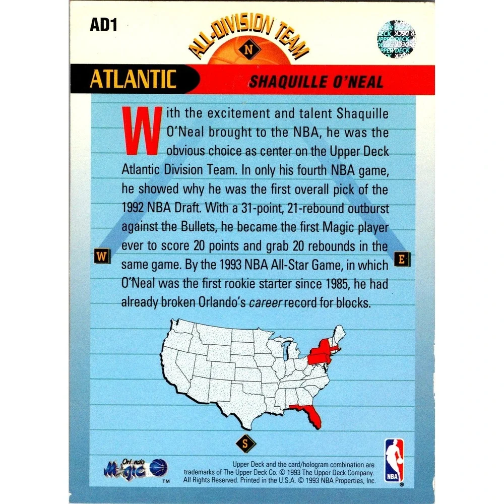 Shaquille O'Neal 1993 Upper Deck All-Division Team AD1 Orlando Magic Basketball